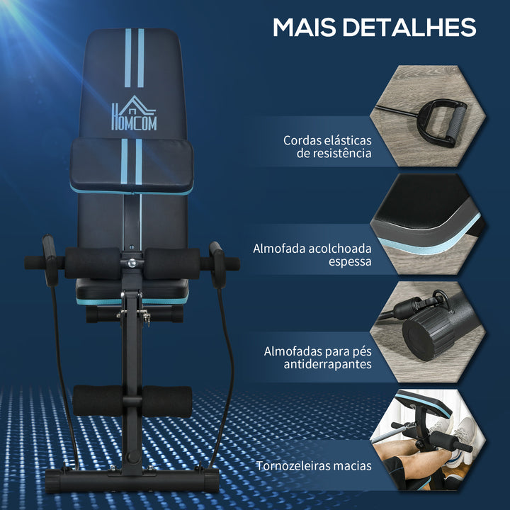 Banco de Musculação com Encosto Ajustável em 7 Posições Extensão de Pernas Apoio para Bíceps e Banda de Resistência para Treino Completo em Casa 54x160x106cm Preto e Azul