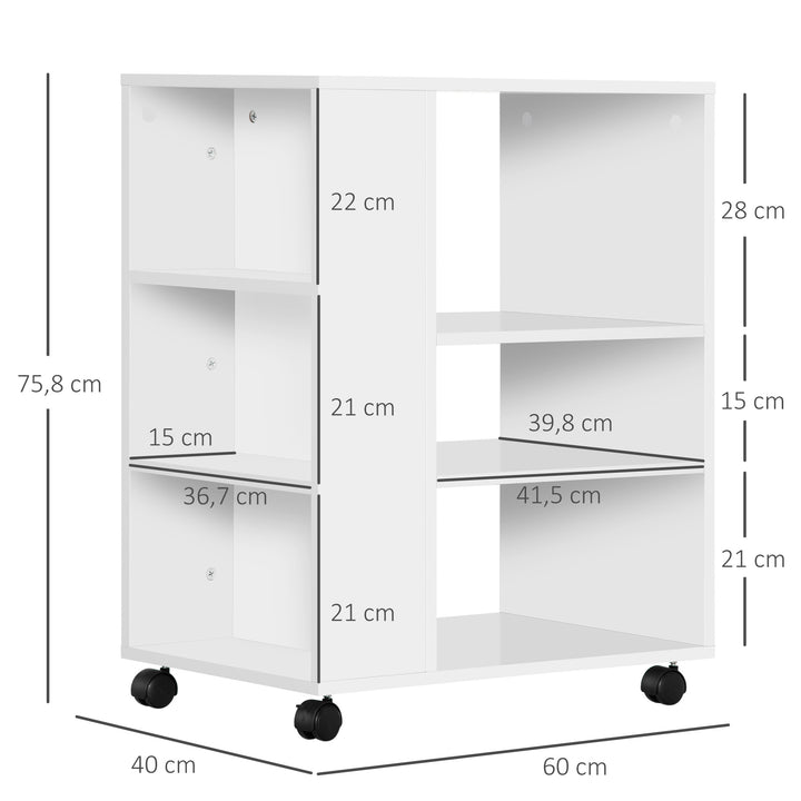 Armário para Impressora Móvel Auxiliar de Escritório com Rodas 3 Prateleiras Laterais e 3 Prateleiras Abertas Carga Máxima 30kg para Dormitório Sala de Estar Cozinha 60x40x75,8cm Branco