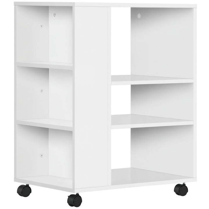 Armário para Impressora Móvel Auxiliar de Escritório com Rodas 3 Prateleiras Laterais e 3 Prateleiras Abertas Carga Máxima 30kg para Dormitório Sala de Estar Cozinha 60x40x75,8cm Branco