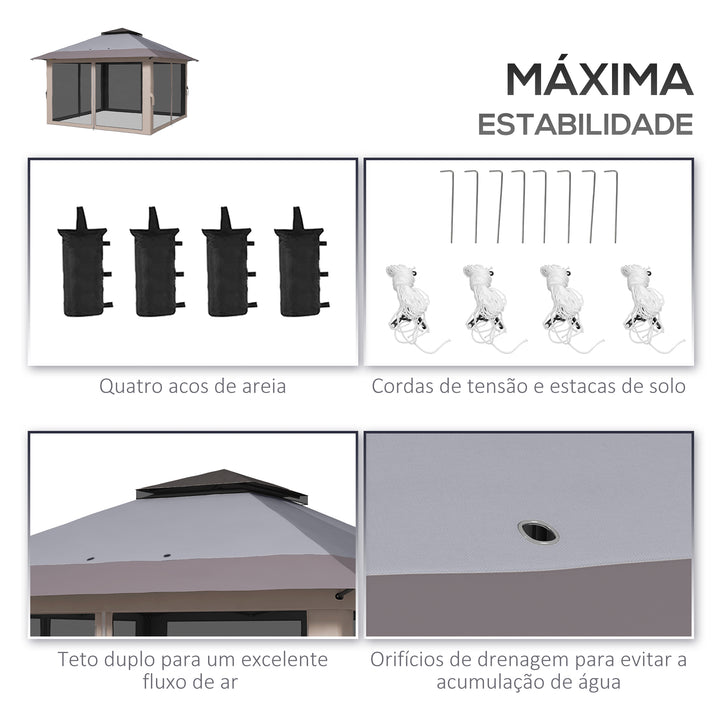 Tenda Dobrável Pop-up 4x4x2,8 m Tenda de Jardim com Altura Ajustável Anti-UV Impermeável Telhado Duplo Redes Mosquiteiras e Bolsa com Rodas para Exterior Festas Camping Cinzento Claro