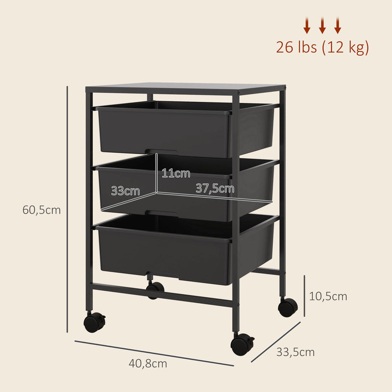 Carrinho Auxiliar com Rodas Carrinho de Cozinha de 3 Níveis com 3 Cestos para Armazenamento e Estrutura de Aço para Sala de Jantar Banheiro 40,8x33,5x60,5 cm Preto