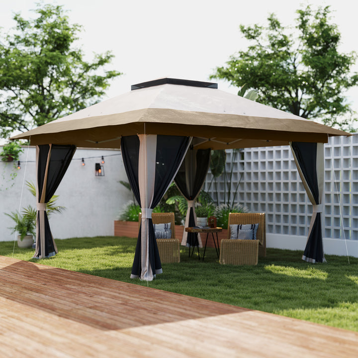 Tenda Dobrável 3,6x3,6 m Tenda Dobrável com 4 Paredes Laterais de Rede Anti-UV Altura Ajustável Sacos de Areia e Bolsa de Transporte Bege