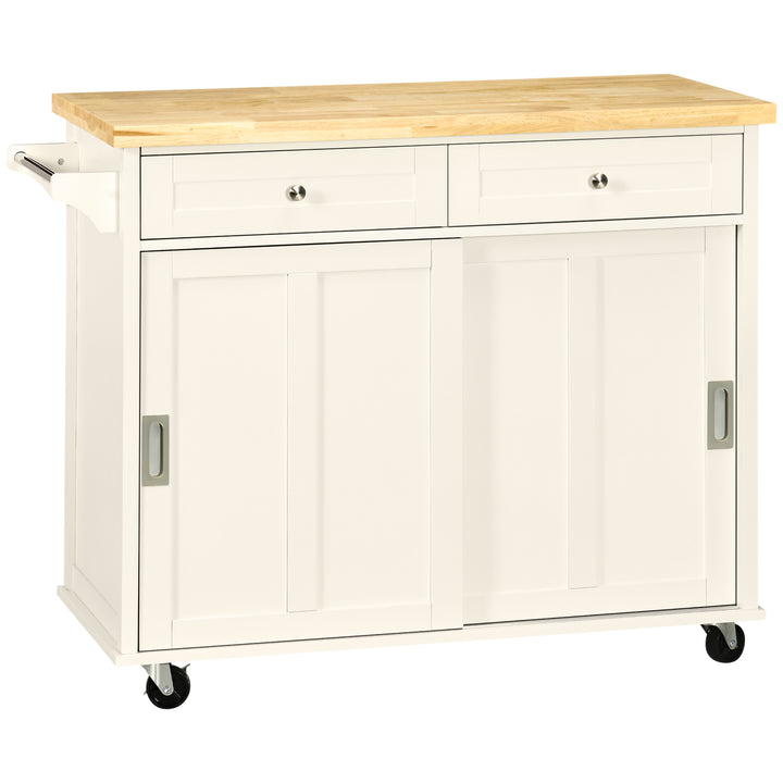 Carrinho de Cozinha com 2 Armários Porta Corredeira 2 Gavetas e Barra para Panos Móvel Aparador com Rodas para Sala de Jantar 110x49,5x89,5cm Creme