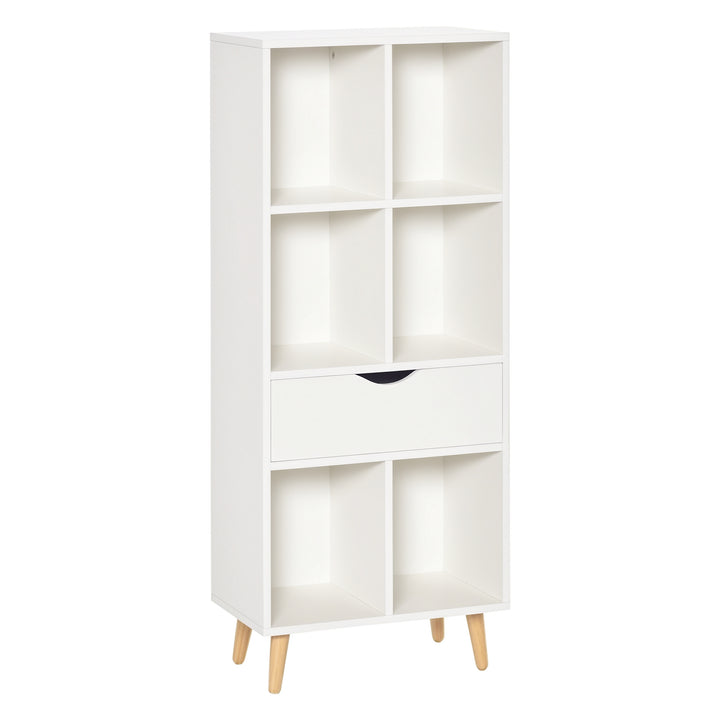 Estante para Livros com 6 Compartimentos Abertos 1 Gaveta e Pés de Madeira para Armazenamento de Brinquedos CDs Plantas 50x29,5x120cm Branco