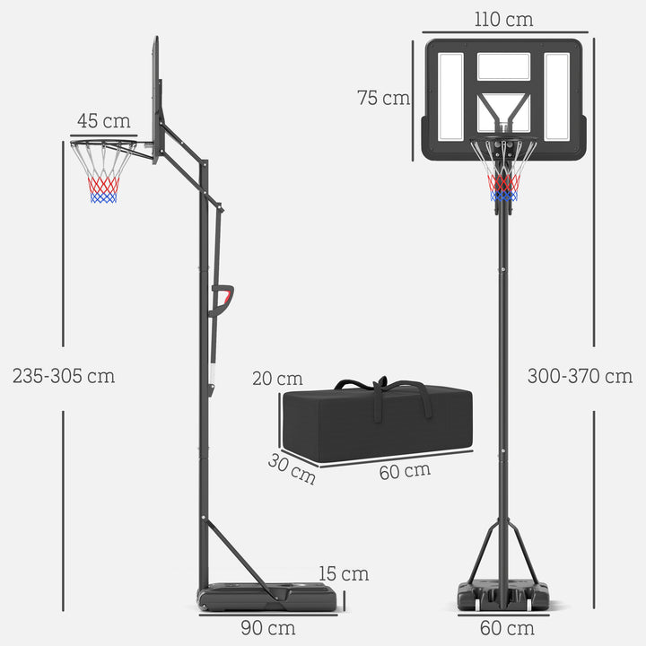 Tabela de Basquetebol de Exterior com Altura Ajustável 235-305 cm Tabela de Basquetebol com Suporte Rodas Base Recarregável e Bolsa de Peso 90x60x305 cm Preto