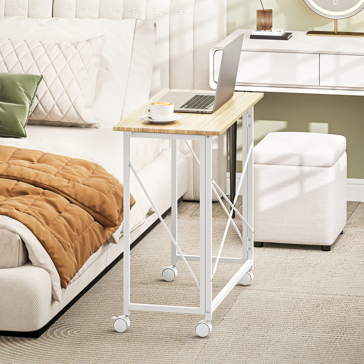 Secretária Dobrável com Rodas Mesa de Secretária Compacta Mesa para Computador Portátil para Casa Escritório Espaços Pequenos 80x40x75 cm Madeira e Branco