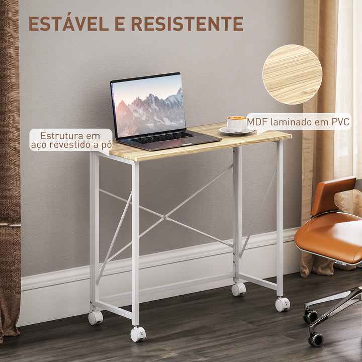 Secretária Dobrável com Rodas Mesa de Secretária Compacta Mesa para Computador Portátil para Casa Escritório Espaços Pequenos 80x40x75 cm Madeira e Branco