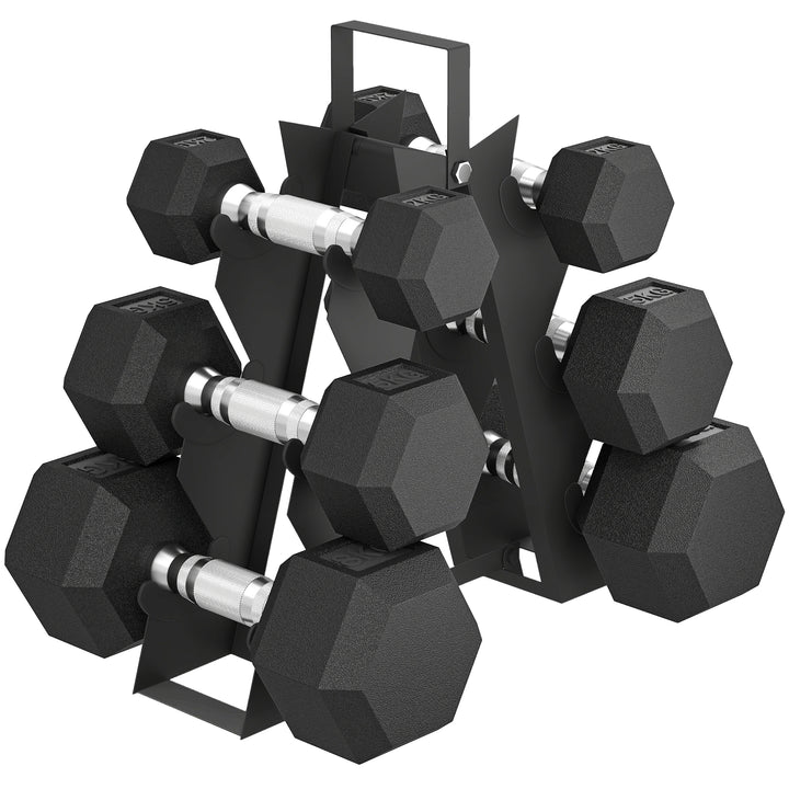 Conjunto de Halteres 6 Peças 2 x 2 kg 2 x 5 kg 2 x 8 kg Halteres Hexagonais com Revestimento em Borracha Antideslizante e Suporte de Armazenamento para Treino em Casa Ginásio Preto