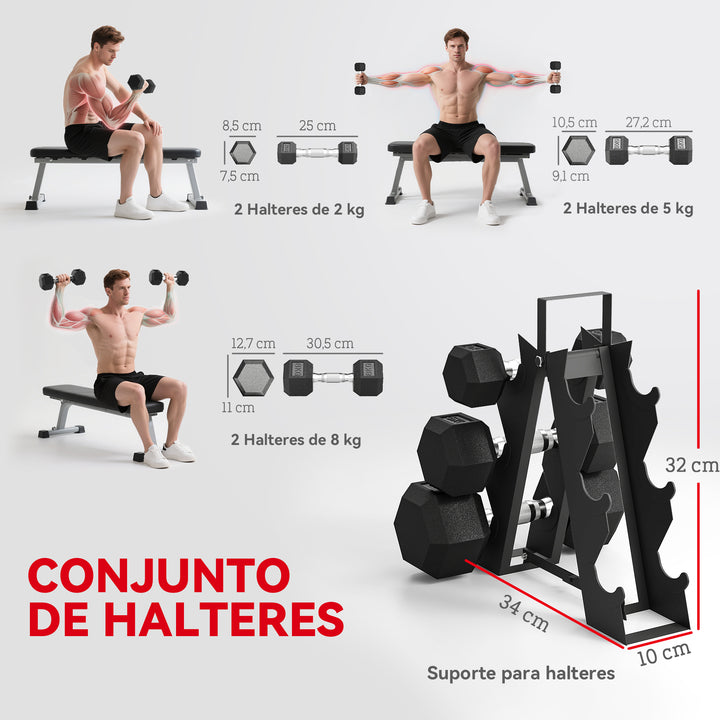 Conjunto de Halteres 6 Peças 2 x 2 kg 2 x 5 kg 2 x 8 kg Halteres Hexagonais com Revestimento em Borracha Antideslizante e Suporte de Armazenamento para Treino em Casa Ginásio Preto