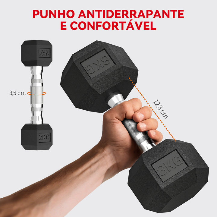 Conjunto de Halteres 6 Peças 2 x 2 kg 2 x 5 kg 2 x 8 kg Halteres Hexagonais com Revestimento em Borracha Antideslizante e Suporte de Armazenamento para Treino em Casa Ginásio Preto