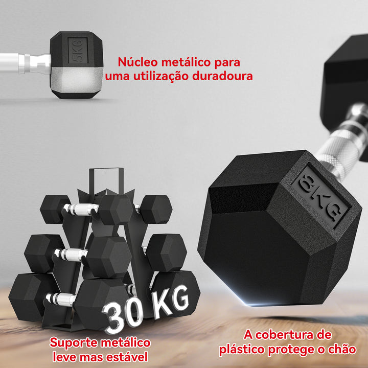 Conjunto de Halteres 6 Peças 2 x 2 kg 2 x 5 kg 2 x 8 kg Halteres Hexagonais com Revestimento em Borracha Antideslizante e Suporte de Armazenamento para Treino em Casa Ginásio Preto