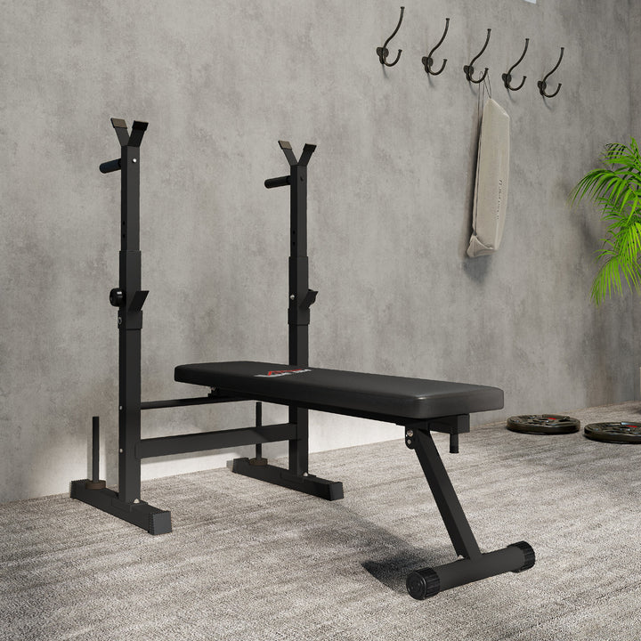 Banco de Musculação Multifuncional Dobrável Banco de Pesos com Suporte para Barras Ajustável e Estação de Dips Carga 150 kg para Treino Completo em Casa ou Ginásio