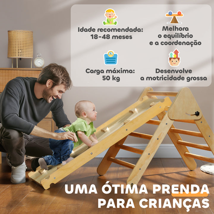 Triângulo de Escalada de Madeira 2 em 1 Escalada para Crianças de 18-48 Meses com Rampa para Deslizar ou Escalar 147x64,5x63 cm Madeira