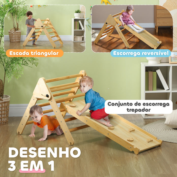 Triângulo de Escalada de Madeira 2 em 1 Escalada para Crianças de 18-48 Meses com Rampa para Deslizar ou Escalar 147x64,5x63 cm Madeira