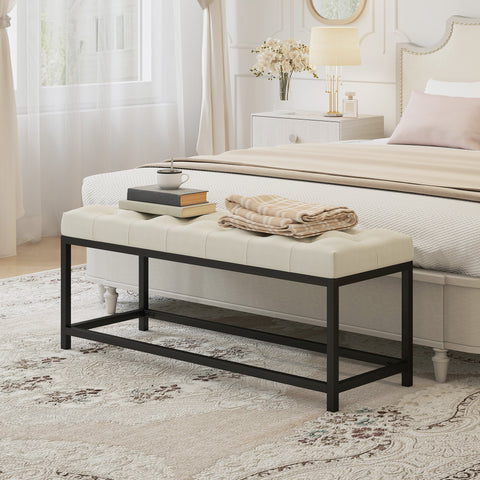 Banco aos Pés da Cama Estofado em Veludo Banqueta para Quarto Design Capitonê Base de Metal Banco para Quarto Entrada Sala 117x40x48 cm Creme
