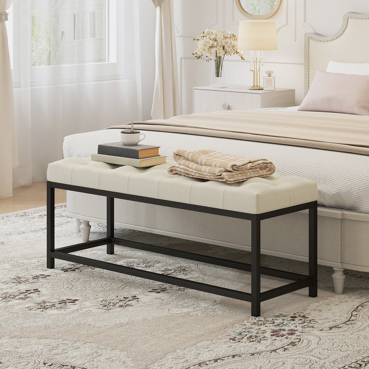 Banco aos Pés da Cama Estofado em Veludo Banqueta para Quarto Design Capitonê Base de Metal Banco para Quarto Entrada Sala 117x40x48 cm Creme