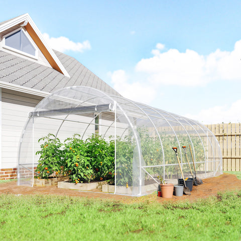 Estufa tipo Túnel 296x597x199 cm Estufa de Exterior com 2 Portas Enroláveis Estrutura de Aço Galvanizado e Cobertura em PE 150g/m² Anti-UV Impermeável para Cultivos Transparente
