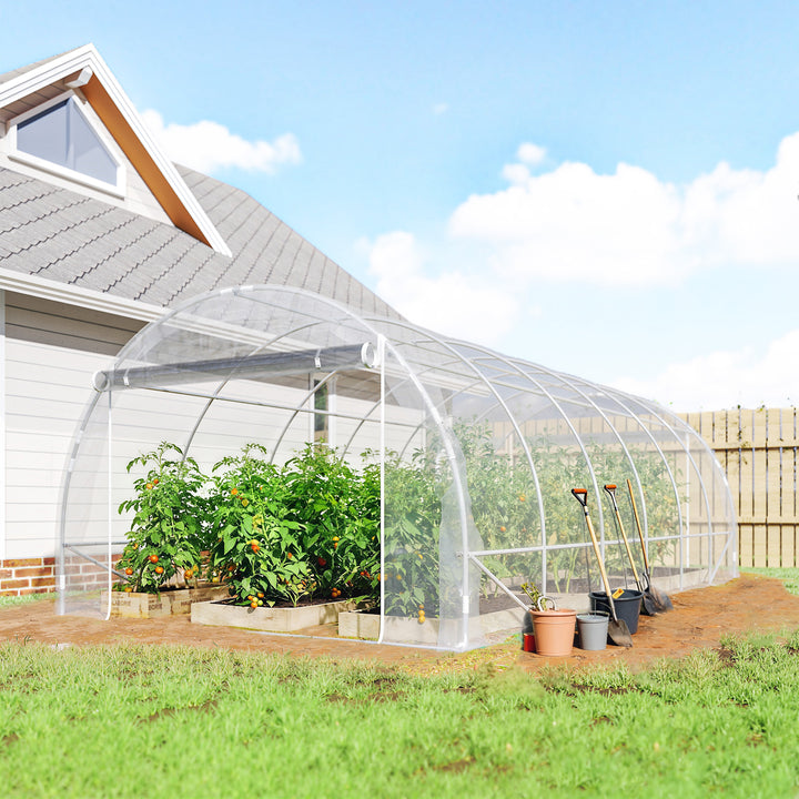 Estufa tipo Túnel 296x597x199 cm Estufa de Exterior com 2 Portas Enroláveis Estrutura de Aço Galvanizado e Cobertura em PE 150g/m² Anti-UV Impermeável para Cultivos Transparente