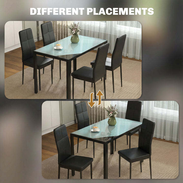 Conjunto de Refeição Mesa e 4 Cadeiras Conjunto de 5 Peças de Móveis de Cozinha Mesa Retangular de Vidro Temperado e Cadeiras Estofadas em PU com Pés de Metal Preto