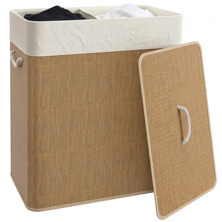 Cesto de Roupa com Tampa 100L Cesto para Roupa Suja de Bambu com 2 Compartimentos Bolsa Interior Amóvivel para Lavandaria Casa de Banho 52x32x63 cm Madeira e Creme