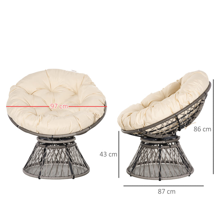 Poltrona Papasan Giratória de Vime Sintético Poltrona de Vime PE com Almofada e Estrutura de Aço Carga 160 kg para Jardim Terraço Pátio 87x97x90 cm Cinza e Creme