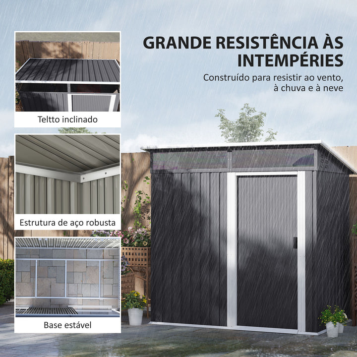 Abrigo de Jardim 1,9m² 195x122x182 cm Abrigo de Exterior com Base Reforçada (Chão NÃO Incluído) Porta Corredera Janelas Abrigo de Ferramentas para Pátio Cinza Escuro