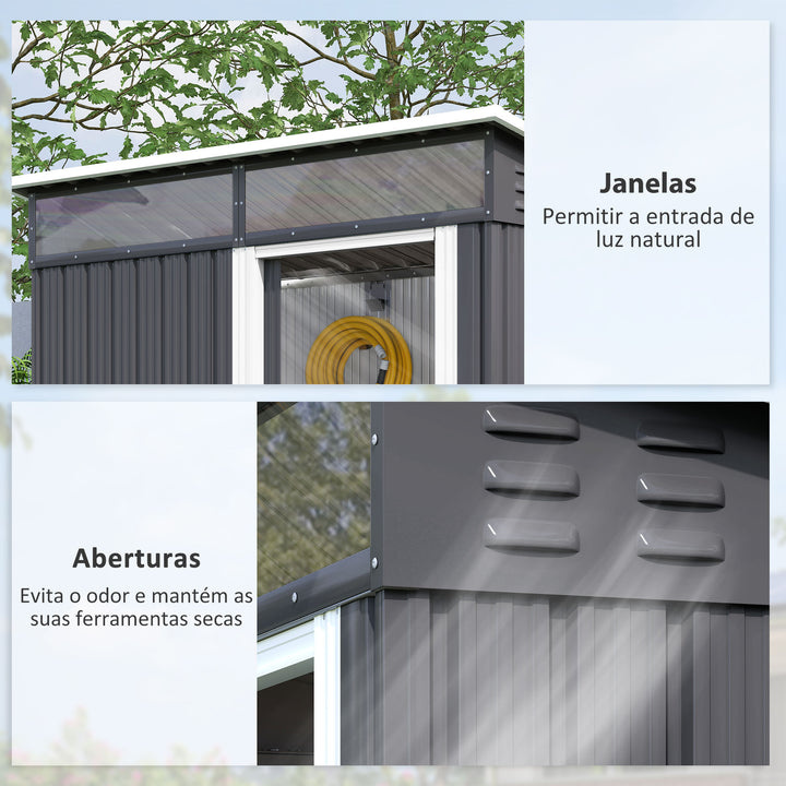 Abrigo de Jardim 1,9m² 195x122x182 cm Abrigo de Exterior com Base Reforçada (Chão NÃO Incluído) Porta Corredera Janelas Abrigo de Ferramentas para Pátio Cinza Escuro
