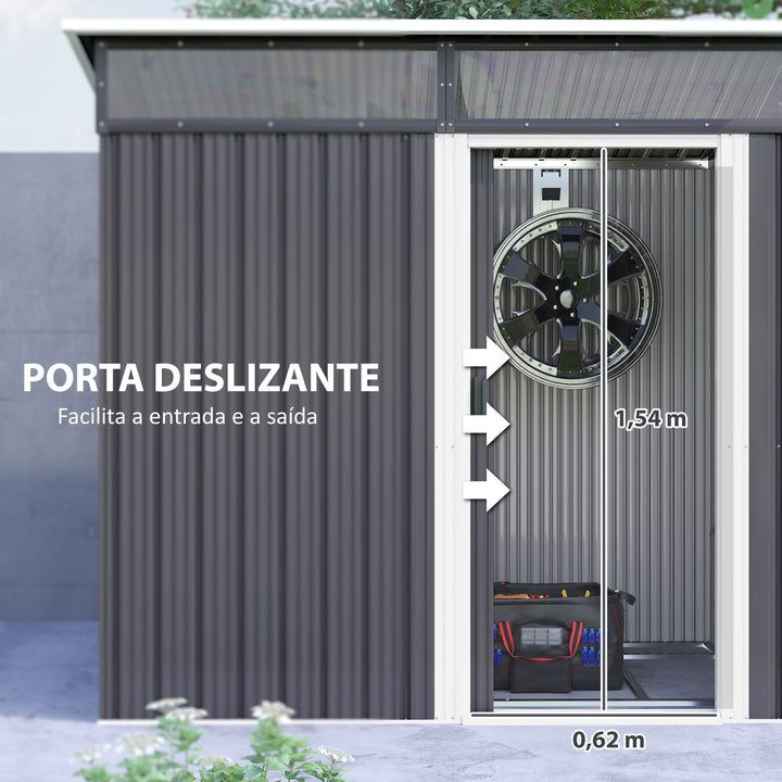 Abrigo de Jardim 1,9m² 195x122x182 cm Abrigo de Exterior com Base Reforçada (Chão NÃO Incluído) Porta Corredera Janelas Abrigo de Ferramentas para Pátio Cinza Escuro