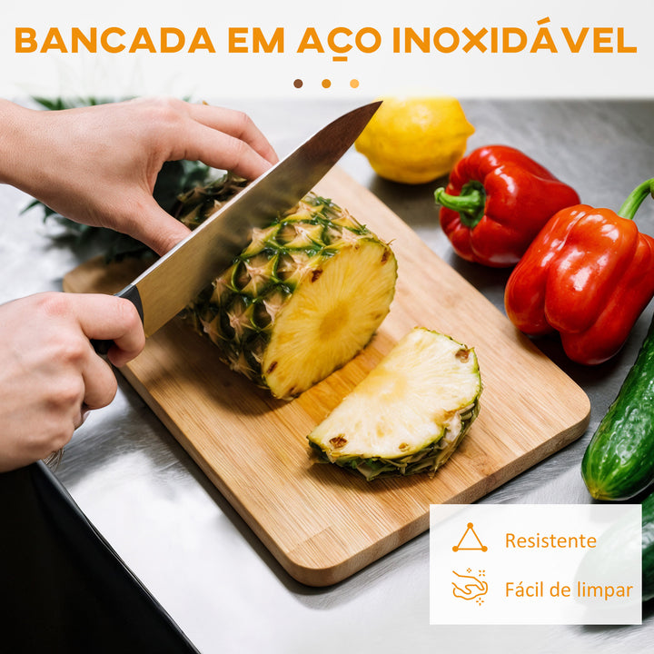 Ilha de Cozinha com Rodas Carrinho de Cozinha com Bancada de Aço Inoxidável 2 Gavetas 4 Portas 2 Prateleiras Ajustáveis Suporte para Especiarias e Toalheiro 145x45x93 cm Preto