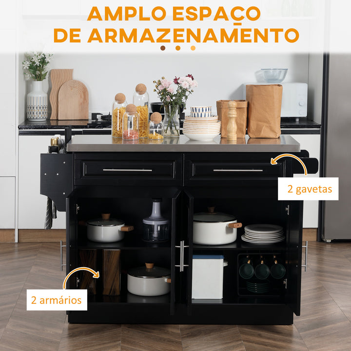 Ilha de Cozinha com Rodas Carrinho de Cozinha com Bancada de Aço Inoxidável 2 Gavetas 4 Portas 2 Prateleiras Ajustáveis Suporte para Especiarias e Toalheiro 145x45x93 cm Preto