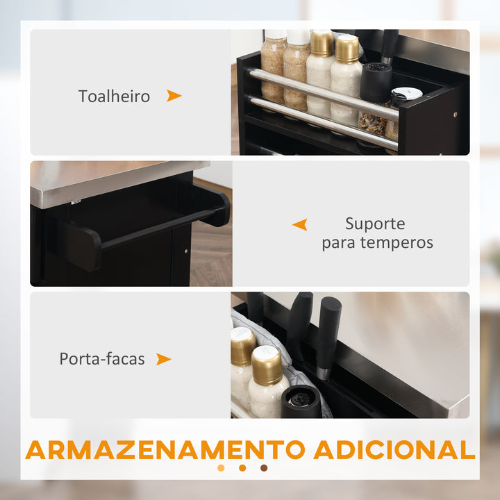Ilha de Cozinha com Rodas Carrinho de Cozinha com Bancada de Aço Inoxidável 2 Gavetas 4 Portas 2 Prateleiras Ajustáveis Suporte para Especiarias e Toalheiro 145x45x93 cm Preto