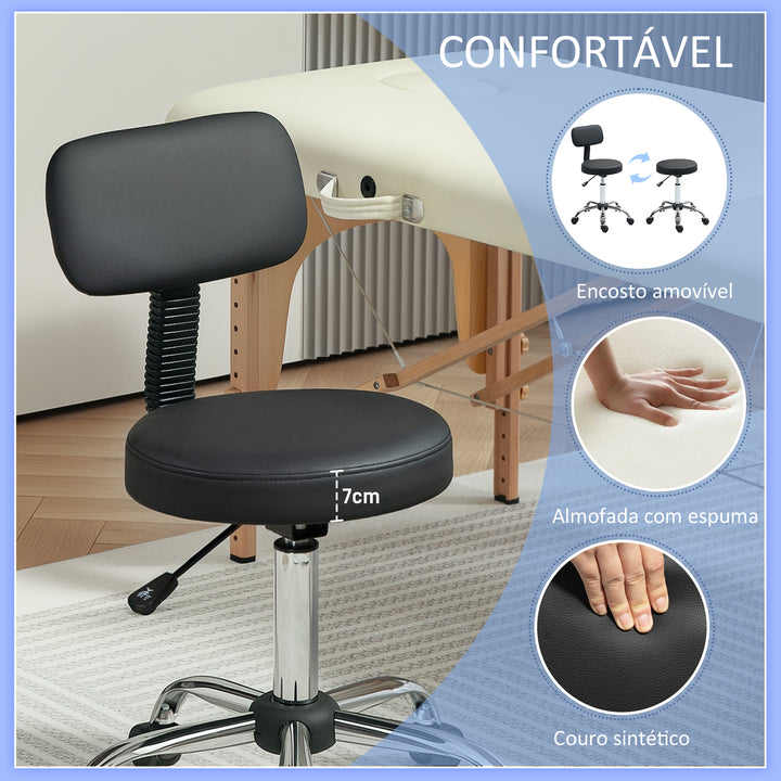 Banco Giratório Banco com Rodas e Encosto Banco de Trabalho com Altura Ajustável 78-93 cm Assento Estofado em Couro Sintético Preto