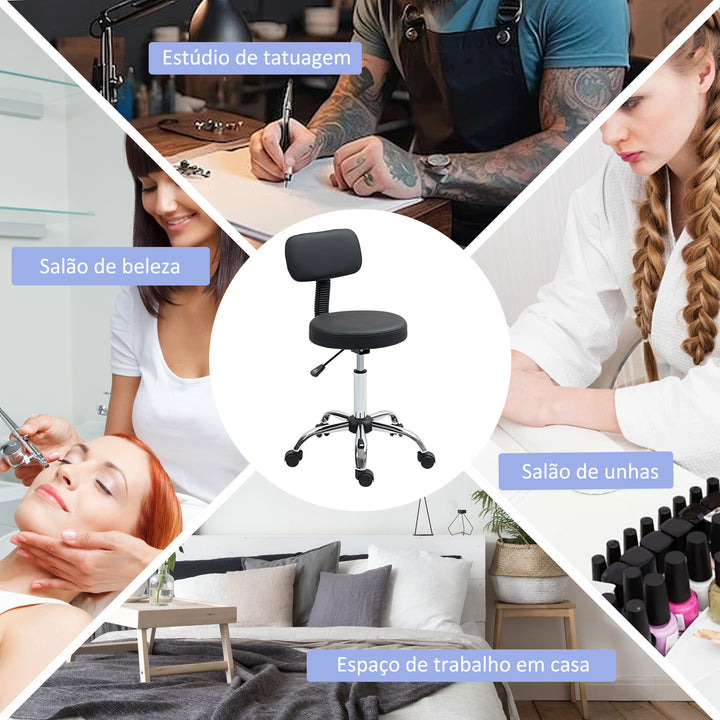 Banco Giratório Banco com Rodas e Encosto Banco de Trabalho com Altura Ajustável 78-93 cm Assento Estofado em Couro Sintético Preto