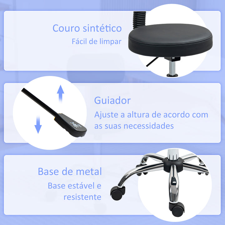 Banco Giratório Banco com Rodas e Encosto Banco de Trabalho com Altura Ajustável 78-93 cm Assento Estofado em Couro Sintético Preto