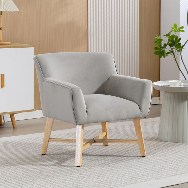Poltrona de Sala de Estar Estofada em Veludo Poltrona Relax Moderna com Apoio para os Braços Acolchoados Pés de Madeira e Base Cruzada para Dormitório 67x65x74 cm Cinzento