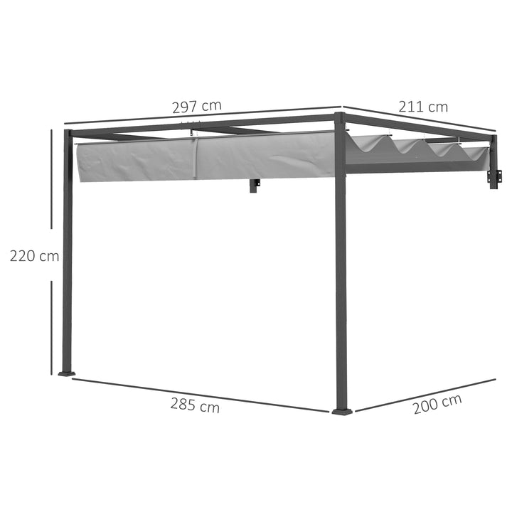 Pérgola de Parede 297x211x220 cm Pérgola de Jardim com Teto Retrátil e Estrutura de Aço Pérgola para Pátio Exterior Cinza Escuro