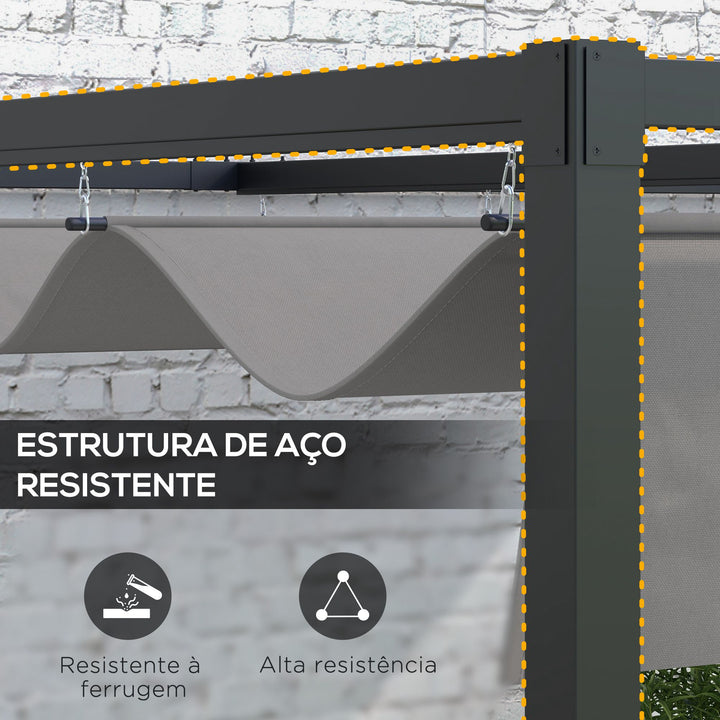 Pérgola de Parede 297x211x220 cm Pérgola de Jardim com Teto Retrátil e Estrutura de Aço Pérgola para Pátio Exterior Cinza Escuro