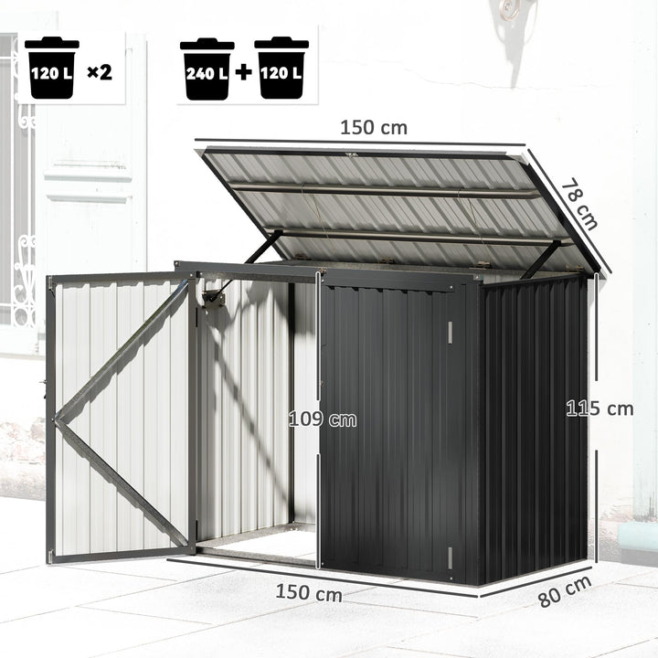 Abrigo para Contentores de Lixo Duplo Casota para Contentores de Lixo de 240L em Aço Galvanizado com Tampa Dobrável e Portas com Fecho para Jardim Exterior 150x80x117 cm Cinzento Escuro