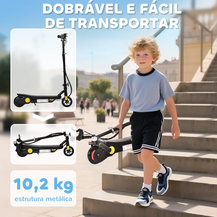 Trotinete Elétrica para Crianças de 7-14 Anos Dobrável Trotinete Elétrica Velocidade Máx. 12 km/h Motor 120 W Autonomia Máxima 10 km com Guiador Ajustável em Altura Farol LED e Travão 75x48x93-105 cm Preto
