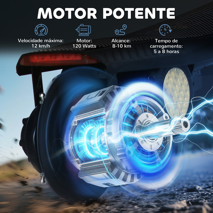 Trotinete Elétrica para Crianças de 7-14 Anos Dobrável Trotinete Elétrica Velocidade Máx. 12 km/h Motor 120 W Autonomia Máxima 10 km com Guiador Ajustável em Altura Farol LED e Travão 75x48x93-105 cm Preto