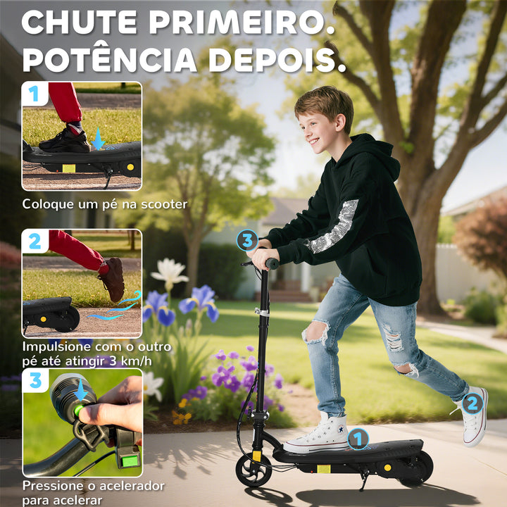 Trotinete Elétrica para Crianças de 7-14 Anos Dobrável Trotinete Elétrica Velocidade Máx. 12 km/h Motor 120 W Autonomia Máxima 10 km com Guiador Ajustável em Altura Farol LED e Travão 75x48x93-105 cm Preto