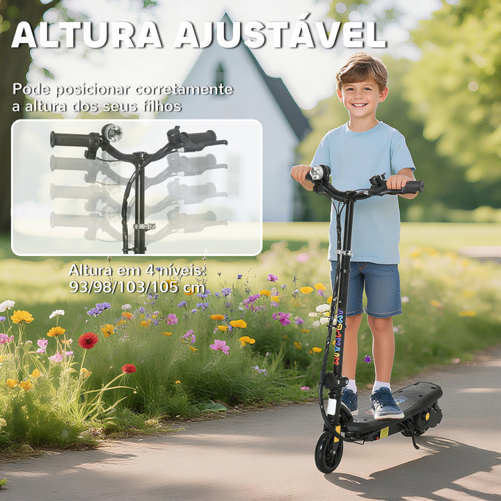 Trotinete Elétrica para Crianças de 7-14 Anos Dobrável Trotinete Elétrica Velocidade Máx. 12 km/h Motor 120 W Autonomia Máxima 10 km com Guiador Ajustável em Altura Farol LED e Travão 75x48x93-105 cm Preto