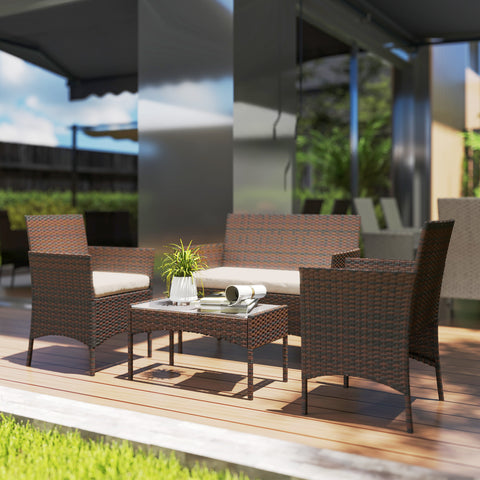 Conjunto de Jardim em Vime com Almofadas Conjunto de Exterior Resistente às Intempéries Móveis de Exterior com 2 Poltronas Sofá de 2 Lugares Mesa com Vidro Marrom e Bege