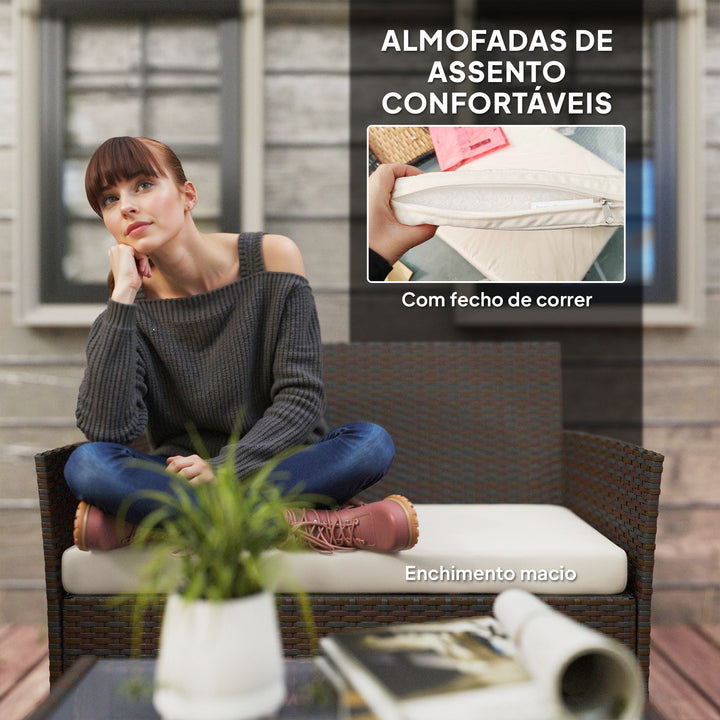 Conjunto de Jardim em Vime com Almofadas Conjunto de Exterior Resistente às Intempéries Móveis de Exterior com 2 Poltronas Sofá de 2 Lugares Mesa com Vidro Marrom e Bege