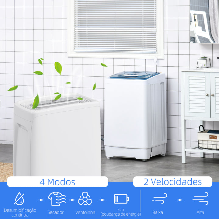 Desumidificador Elétrico 12L/Dia com 4 Modos 2 Velocidades Desligamento Automático Ecrã LED Temporizador Silencioso para Dormitório Sala de Estar Cozinha 29x18x49 cm Branco
