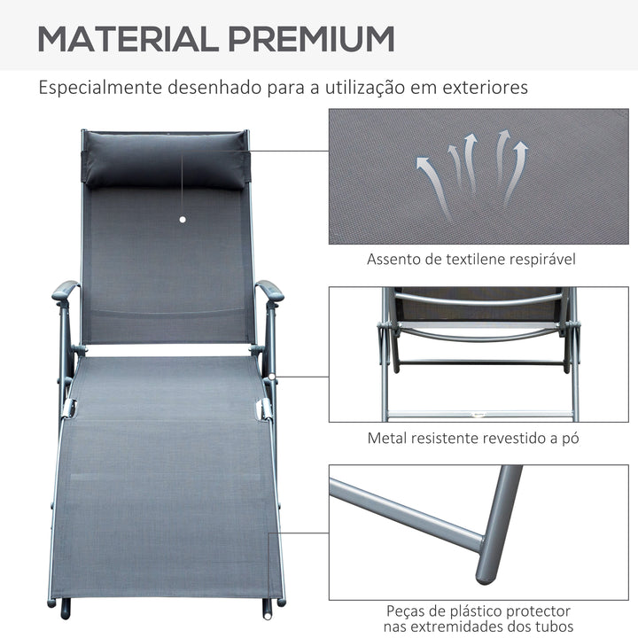 Dobrável Espreguiçadeira Encosto Ajustável para 7 Níveis com Travesseiro Resistente ao Textilene Relaxar na Piscina Exterior Terraço Camping 137x63,5x100,5 cm Aço