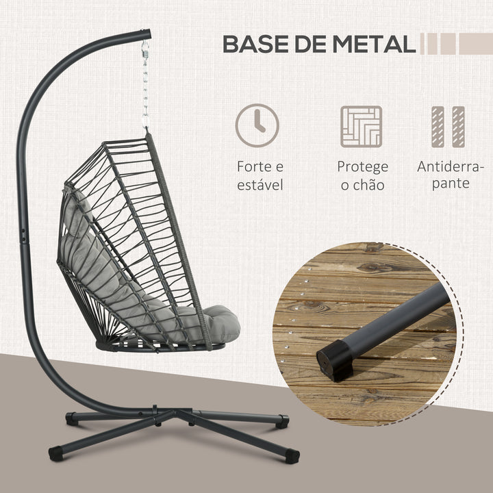 Poltrona Suspensa de Vime Poltrona Suspensa Dobrável com 2 Almofadas e Estrutura de Aço Capacidade 100 kg para Uso Interior e Exterior 100x131x194 cm Cinza Escuro