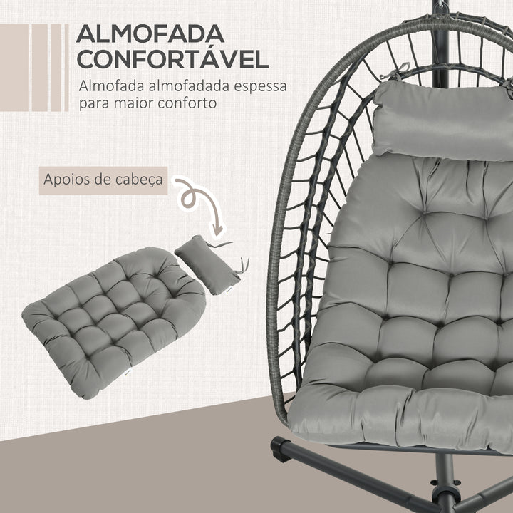 Poltrona Suspensa de Vime Poltrona Suspensa Dobrável com 2 Almofadas e Estrutura de Aço Capacidade 100 kg para Uso Interior e Exterior 100x131x194 cm Cinza Escuro