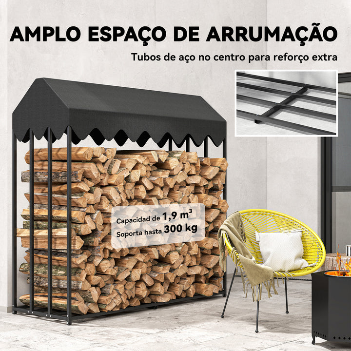 Suporte de Lenha Metálico para Exterior, 186x70x185 cm, com Cobertura Impermeável 600D Oxford, Estrutura de Aço, para Lareiras, Jardim e Terraços