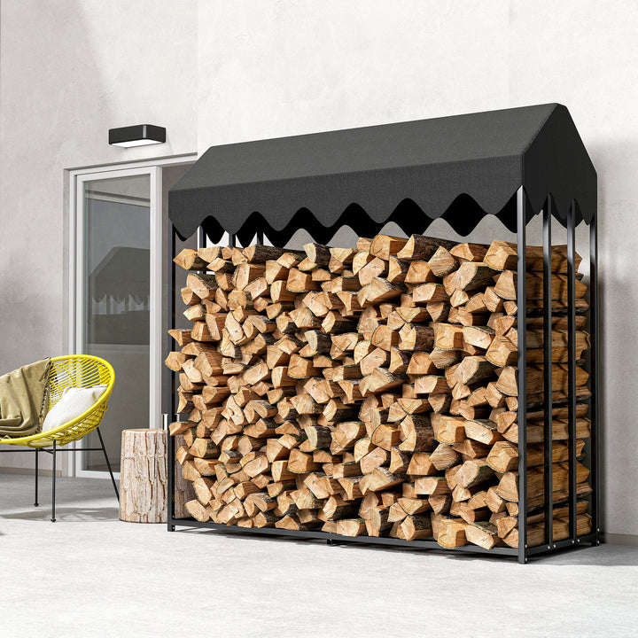 Suporte de Lenha Metálico para Exterior, 186x70x185 cm, com Cobertura Impermeável 600D Oxford, Estrutura de Aço, para Lareiras, Jardim e Terraços